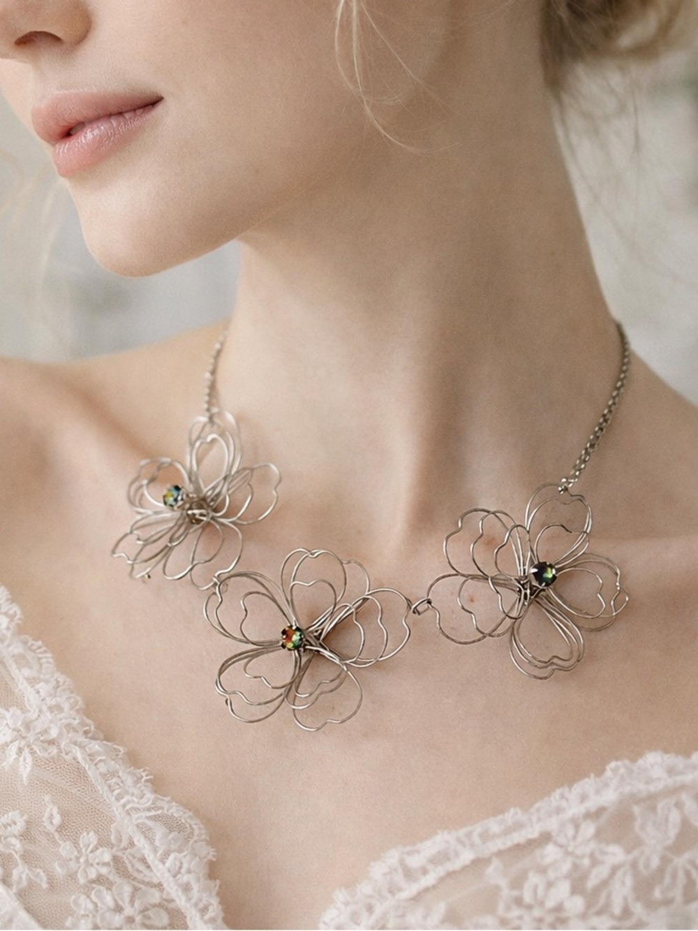 Wire Flower Statement Necklace Handmade Artistic Jewelry Y2K